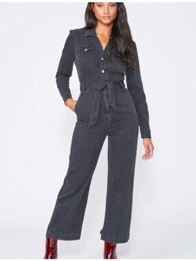 NWT Paige Anessa Long Sleeve Denim Jumpsuit Wide Leg Cropped Black Dove Women 6